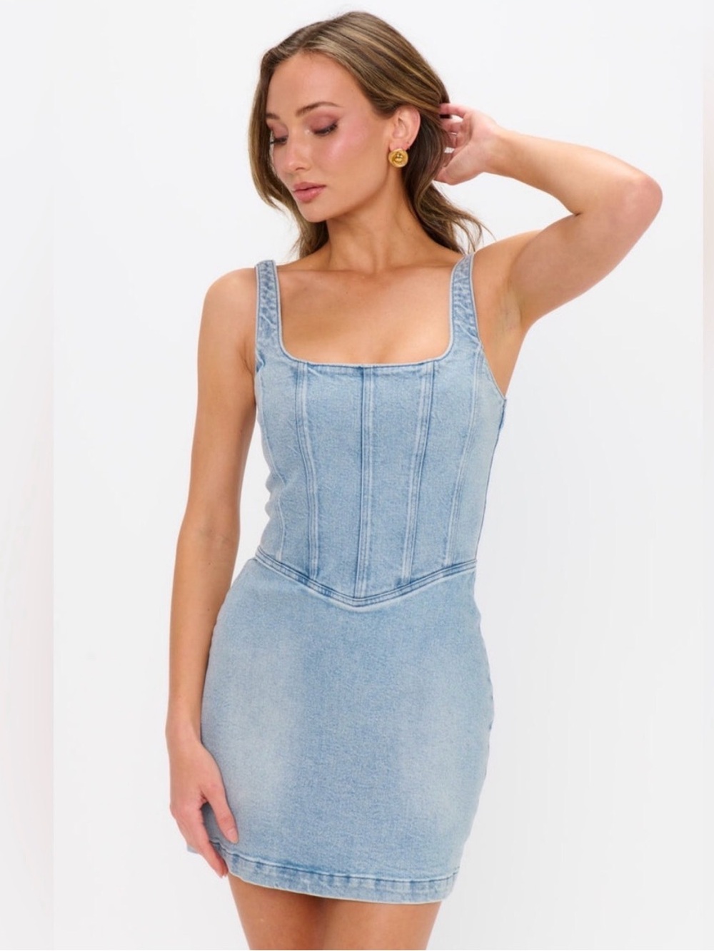 NEW Show Me Your Mumu Sleeveless Corset Denim Mini Dress in Misty Mornings